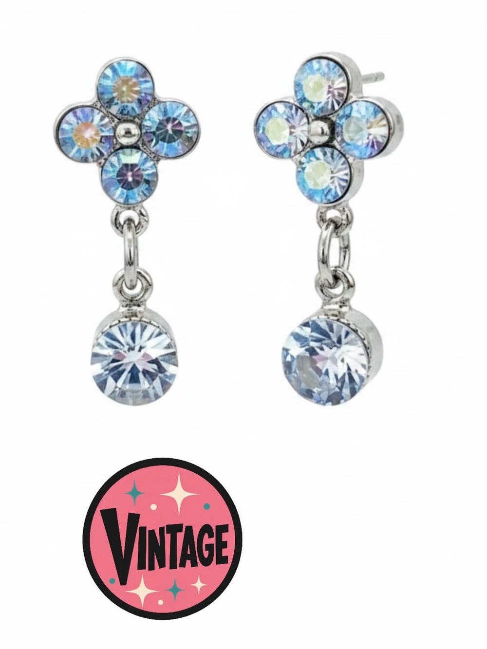 Vintage Blue Aurora Borealis Iridescent Crystal Floral Drop Earrings